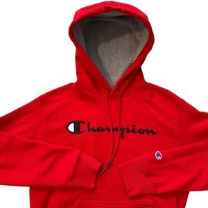 Champion Hoodie Pullover Sweatshirt Red Spell Out Logo Activewear Mens Small